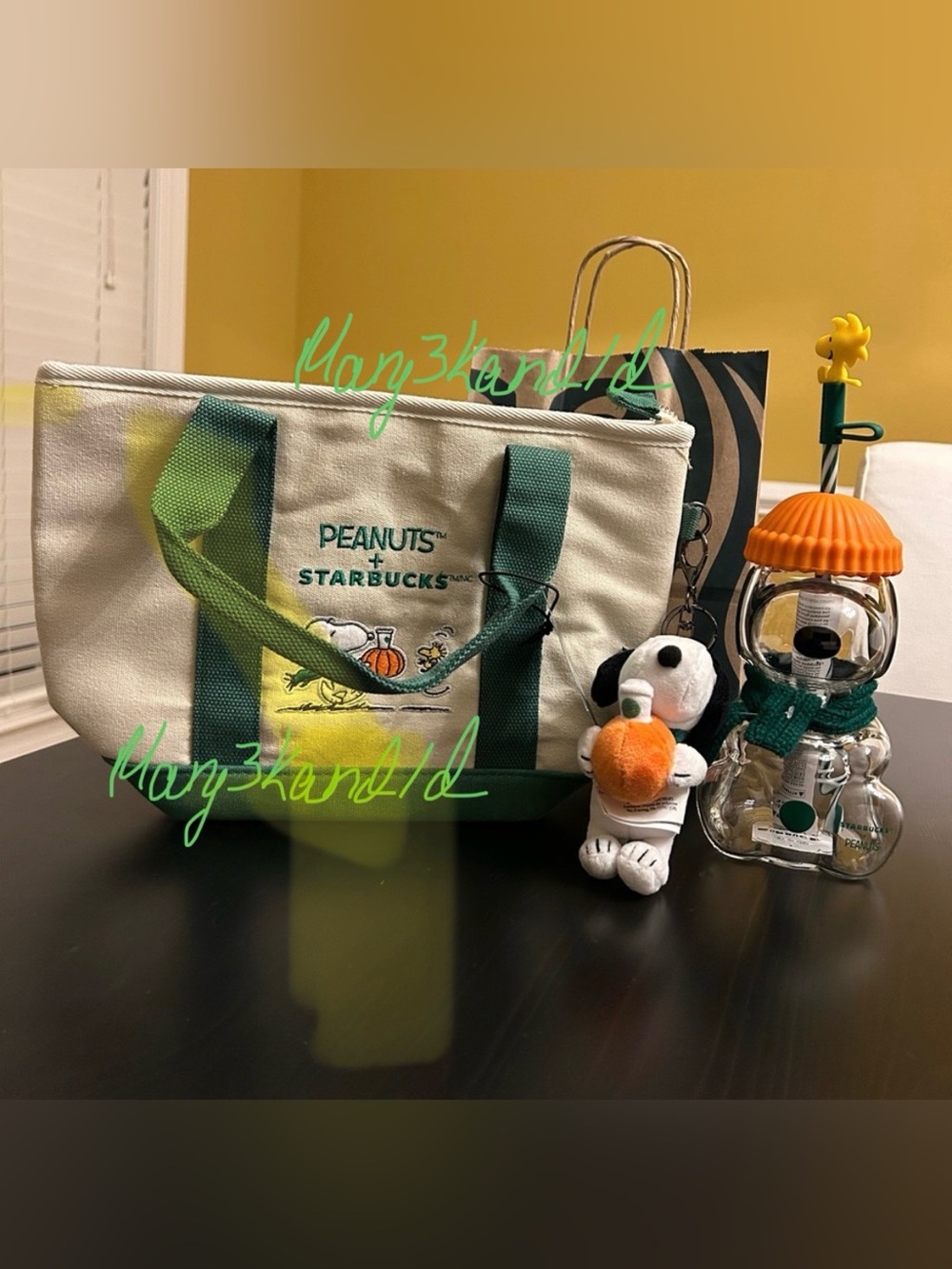 Starbucks + Peanuts collection gift set . Snoopy glass cup tote key chain